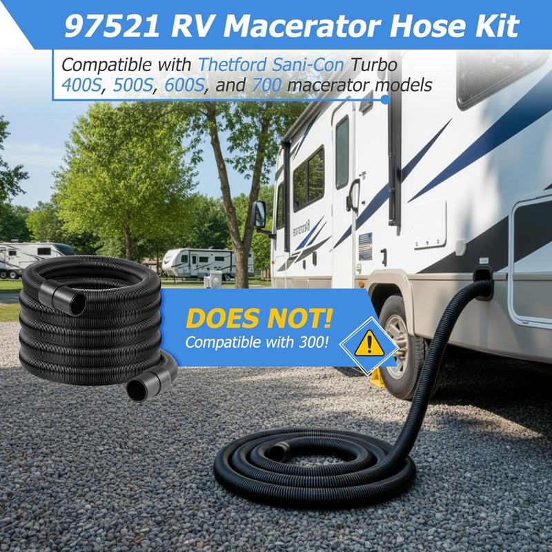 Feekoon 97521 RV Macerator Hose Kit Compatible with Thetford Sani-Con Turbo 400S/500S/600S/700, 21FT, 1-1/2inch RV Camper Sewage Waste Water Drain Hose, with 4 Clamps and 2 Connect Fittings, Black - Image 2